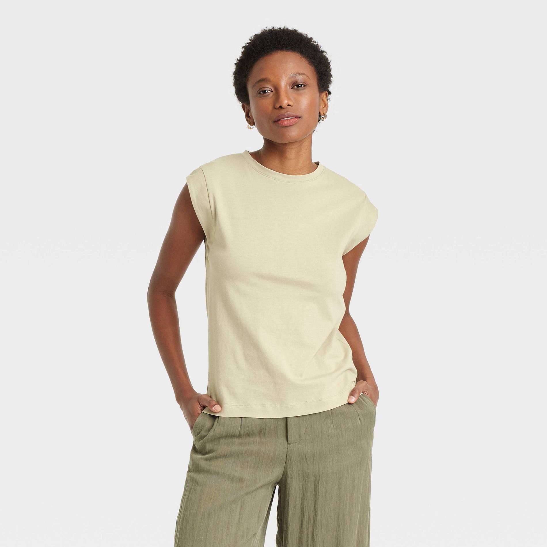 Women's Extended Short Sleeve T-Shirt - A New Day™ Light Green M: Cotton Jersey, Crew Neck, Pullover