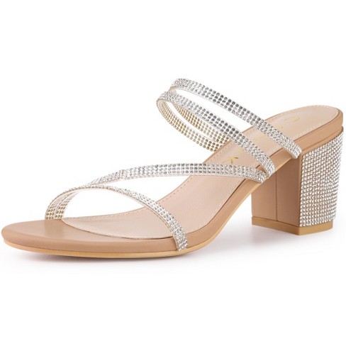 Allegra K Women s Rhinestone Instep Strap Block Heel Slide Sandals Nude 5