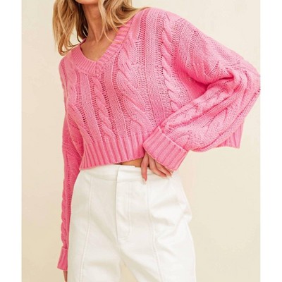 Women's Cable Knitted Crop Sweater - Cloud Ten