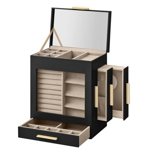 Songmics 5-tier Jewelry Box With Glass Window Jewelry Storage Organizer  With 3 Side Drawers & Big Mirror Ink Black And Metallic Gold : Target