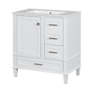 NicBex 30" Bathroom Vanity with Sink, Bathroom Cabinet Storage with 2 Spacious Drawers and 1 Large Cabinets for Bathroom, White - 1 of 4