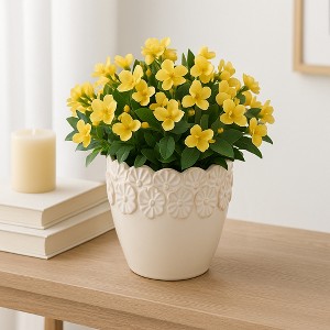 Stoneware Ceramic Planter with Embossed Floral Rim and Curved Edge Detailing for Decorative Display and Contemporary Accent Styling - 1 of 4