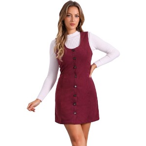 INSPIRE CHIC Women's Corduroy Button Down Scoop Neck Pockets Casual Pinafore Overall Dress - 1 of 4