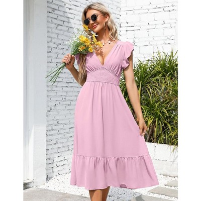 WhizMax Summer Women's V Neck Short Sleeve Dress High Waist A line Dress Flowy Ruffle Shirred Swing Midi Dresses