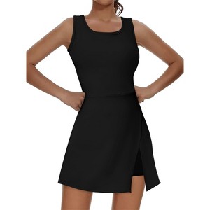 Womens Tennis Dress Crew Neck Sleeveless Golf Side Slit Pocket Athletic Dresses with Built-in Bra Shorts - 1 of 4
