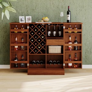 41.9" Home Bar Cabinet, Industrial Walnut Rattan Door Fold Out Bar Cabinet with Storage Bar Table - 1 of 4