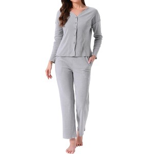 INSPIRE CHIC Women's Pajama Sets Button Up Long Sleeve V-Neck Elastic Waist Pants 2 Pieces with Pockets - 1 of 4