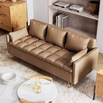 3-Seater Faux Leather Sofa with Hand-Stitched Comfort and Lift-Up Storage, Gold Metal Legs for Stylish Living Room