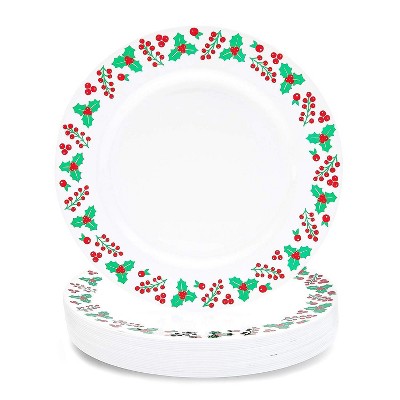 Juvale 24-Pack Christmas Party Supplies, Festive Mistletoe Disposable Plastic Dinner Plates for Holiday Season Decorations, 9"