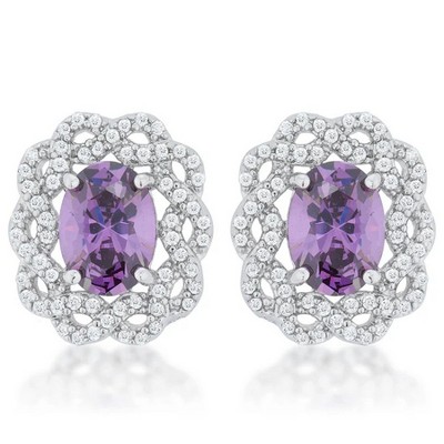 ShineHigh Amethyst Oval Stud Earrings – 7.5 Carat Center CZ with Lattice-Style Halo – Elegant Purple and Rhodium-Plated for Classic Sophistication