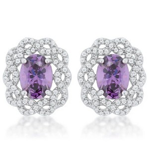 ShineHigh Amethyst Oval Stud Earrings – 7.5 Carat Center CZ with Lattice-Style Halo – Elegant Purple and Rhodium-Plated for Classic Sophistication - 1 of 1