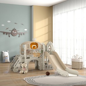 Vynxaria 7-in-1 Toddler Slide Playset, Kids Slide for Ages 1-6 with Ring Toss, Basketball Hoop, Telescope, Indoor Playground, Crawl Tunnel,White - 1 of 4