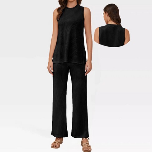 Womens Lounge Sets Lightweight Pajamas Sets Ribbed Kint Side Slit Tank Tops With Pant Sleeveless Lounge Sets Crew Neck Pajama Sets Target