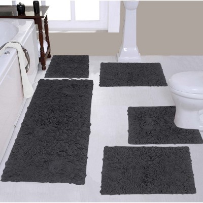 Bell Flower Collection Tufted Bath Rugs, Extra Soft and Absorbent, Non-Slip Bath Mats, Machine Washable Bathroom Mats, 5 Piece Set with Runner, Gray