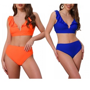 INSPIRE CHIC Women's Ruffle Trim V Neck Wide Strap Drawstring Tie Back Top Triangle Bottom Bikini Sets 2 Sets - 1 of 4