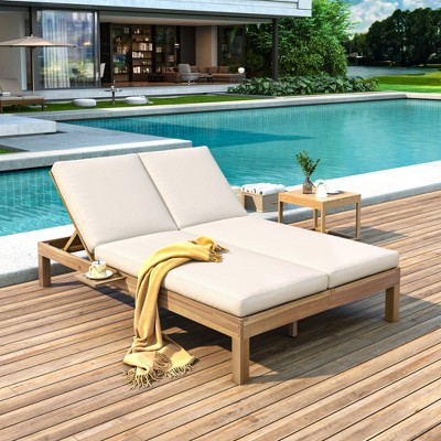 Chic Crate - 5-Adjustable Backrest Double Pool Lounge - Waterproof UV Resistant Teak Furniture for Pool/Patio (Folding Side Trays, Light Teak)