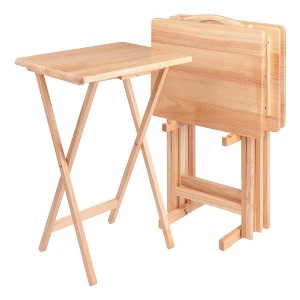 4pc Alex Snack Table Set Natural - Winsome: Wood Construction, Foldable Design, Storage Rack Included - 1 of 4