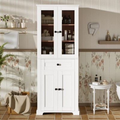 Syemin Decorative Storage Cabinets Tall Bathroom Storage Cabinet, Freestanding Linen Cabinet with Adjustable Shelves, White, 15.67"*23.96"*67.57"
