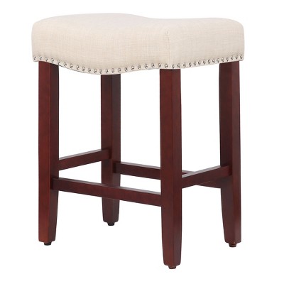 24" Cherry and Beige Upholstered Saddle Seat Counter Stool