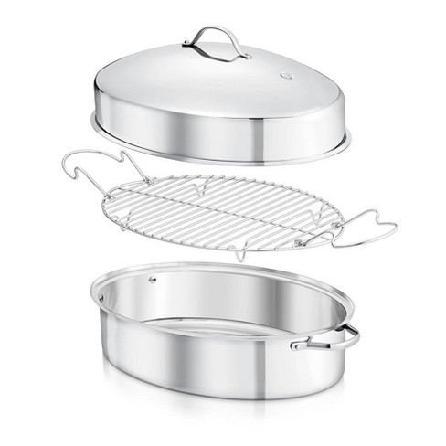 NutriChef Oval Roasting Pan Roaster with Polished Rack Wide Handle and Stainless Steel Lid