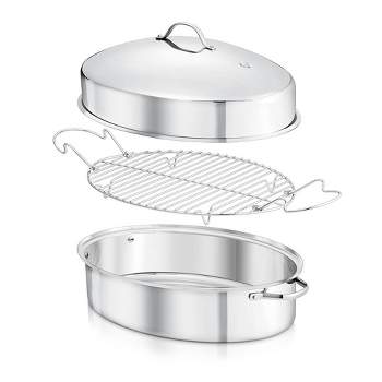 NutriChef Oval Roasting Pan, Roaster with Polished Rack, Wide Handle and Stainless Steel Lid