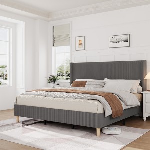 King Size Corduroy Bed Frame, with Vertical Channel Tufted Wingback Headboard, Strong Wooden Slats Support, No Box Spring Needed, Easy Assembly - 1 of 4