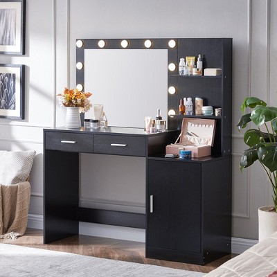 Vanity Desk And Stool Set, With Mirror & 11pcs LED Light Bulbs Makeup Vanity Table With 2 Open Shelves, 2 Drawers, 1 Makeup Stool For Living Room
