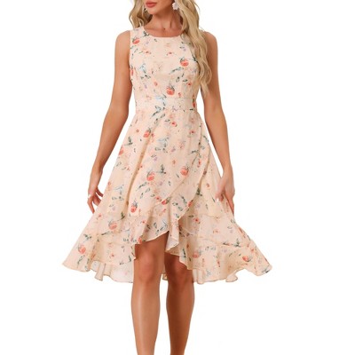 Allegra K Women's Wrap Ruffle High Low Hem Round Neck Keyhole Back Sleeveless Floral Dress