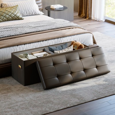 Pinmoco 43" Storage Ottoman Bench Folding Leather Storage Bench with White Blanket and Side Pocket for Entryway Living Room
