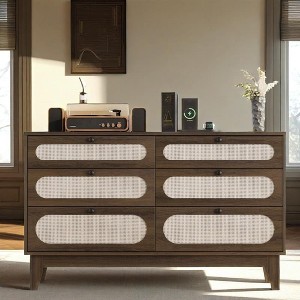 Rattan Dresser with 6 Drawers, Wooden Drawer Storage Cabinet with Charging Stand, TV Stand, Bedroom, Living Room, Entryway, Hallway - 1 of 4