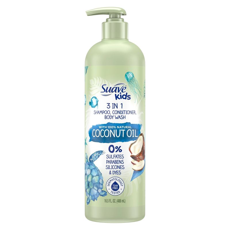 Suave Kids&#39; Natural Coconut Oil 3-in-1 Pump Shampoo + Conditioner + Body Wash - 16.5 fl oz, 1 of 5