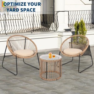 Jojoka 3 Pcs Outdoor Rattan Furniture Set with Seat Cushions, Wicker Patio Modern Lounge Bistro Set with 2 Chairs ＆ Glass Coffee Table for Backyard - 1 of 4