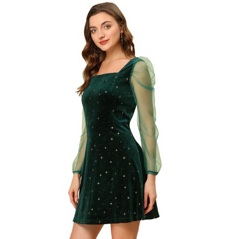 Allegra K Women's Mesh Sheer Puff Long Sleeve Square Neck Glitter Star Mini  Velvet Dress Green X-Large