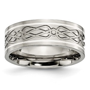 Black Bow Jewelry Men's 8mm Titanium Sterling Silver Inlay Grooved Celtic Knot Flat Band - 1 of 4