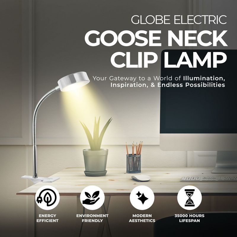 Globe Electric 8.46 Inch 5 Watt Glossy Chrome Goose Neck Clip Lamp with Integrated LED Bulb, 35,000 Hours Lifespan, and 250 Lumens, White, 3 of 7