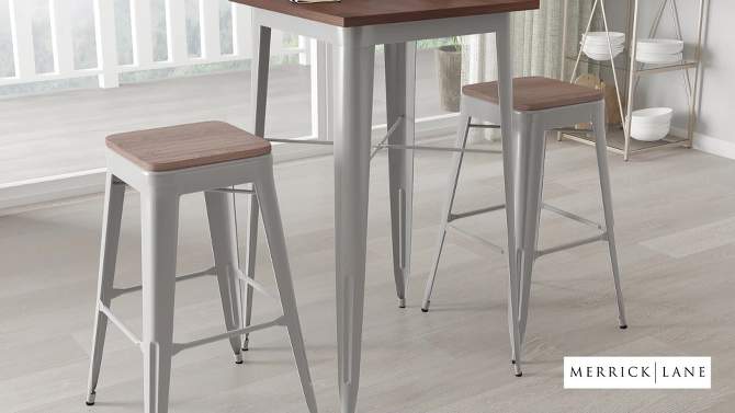 Merrick Lane 3 Piece Bar Table and Stools Set with 23.5" Square Silver Metal Table with Wood Top and 2 Matching Bar Stools, 2 of 5, play video