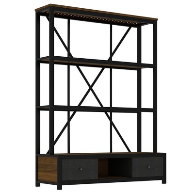 VYNXARIA 3 - Shelf Metal Bookcase with Drawers: Vintage Industrial Style, LED - Lit, Walnut Color for Home Office