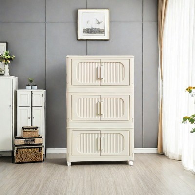 VYNXARIA Cream White 19.69" Side Wide Folding Storage Cabinet ,3 Tiers