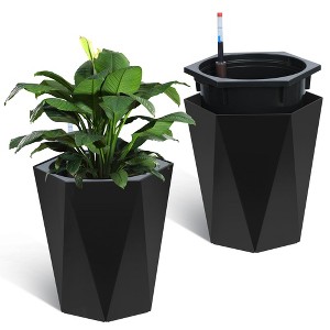 23 Inch Tall Outdoor Planters Set of 2, Self Watering Pots for Indoor Plants with Water Level Monitor & Drainage Hole & Wheels,Black - 1 of 4