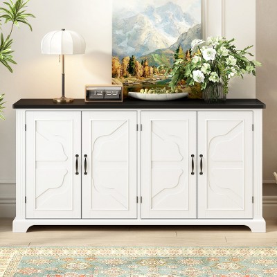 Country Style Wooden Sideboard Buffet Cabinet Accent Storage Cabinet Cupboard Console Table w/Pine Doors & Legs, 4 Metal Handles for Entryway