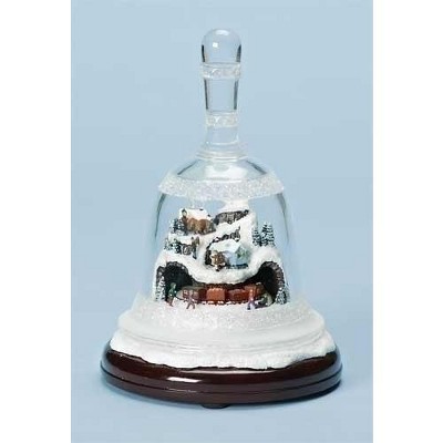 Roman 8.25" White and Brown Musical Lighted Bell with Rotating Winter Scene Christmas Tabletop Decor