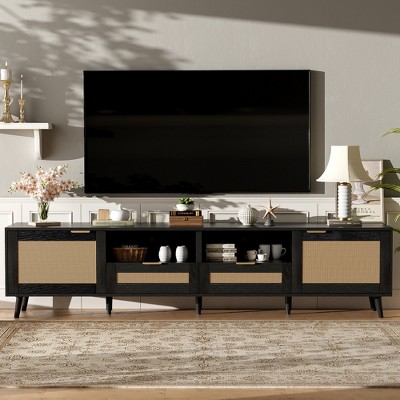 JUJABU Rattan TV Console for TVs up to 85", with Solid Wood Legs and Storage Cabinets for Living Room