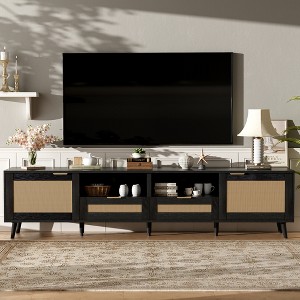 JUJABU Rattan TV Console for TVs up to 85", with Solid Wood Legs and Storage Cabinets for Living Room - 1 of 4