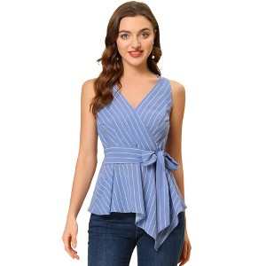 Allegra K Women's Sleeveless V Neck Tie Waist Asymmetric Hem Wrap Peplump Tops - 1 of 4