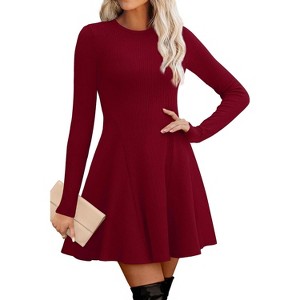 Ribbed Knit Sweater Dress for Women, Long Sleeve Crew Neck Fit and Flare A-Line Dress for Fall and Winter, Casual Office Wear Burgundy - 1 of 4