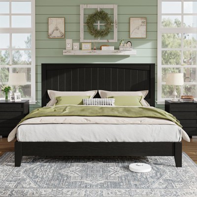 AMERLIFE King Size 48.4" Solid Wood Bed Frame, Mid-Century  Bed with Arched Lines Headboard, No Box Spring Needed, Black