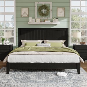AMERLIFE Solid Wood Bed Frame, Mid Century Platform Bed with Arched Lines Headboard - 1 of 4