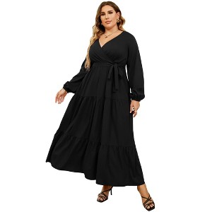 Plus Size Women's V Neck Long Sleeve Maxi Dress Floor Length Elegant Casual - 1 of 4