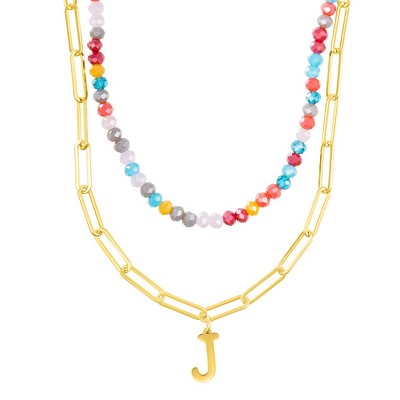 Adornia 14k Gold Plated Adjustable Layered Color Beads and Paperclip Chain Initial Necklace