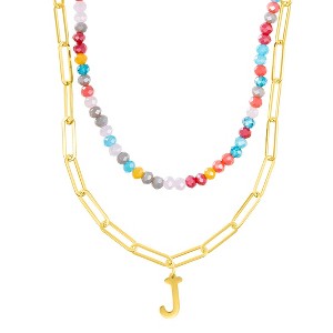 Adornia 14k Gold Plated Adjustable Layered Color Beads and Paperclip Chain Initial Necklace - 1 of 3
